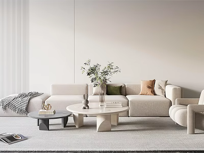 Modern Beige Sofa Coffee Table Set With Round Table Cushions Green Plants And Rug 3d model