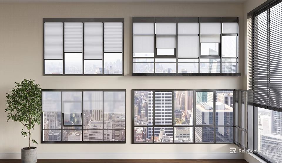 Large Floor to Ceiling Windows Featuring Blinds and City View in Modern Room 3d model 