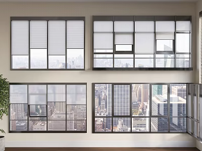 Large Floor to Ceiling Windows Featuring Blinds and City View in Modern Room 3d model