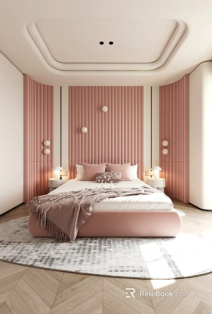 Pink Kids Room Interior with Bed Headboard Wall Decor Table Lamp and Blanket 3d model 
