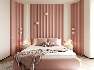 Pink Kids Room Interior with Bed Headboard Wall Decor Table Lamp and Blanket 3d model