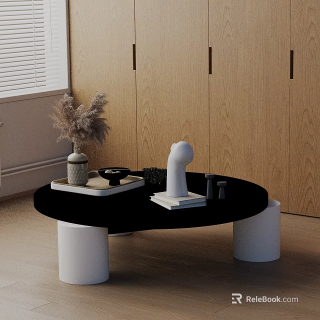 Modern Sofa Coffee Table Set With Black Round Table White Legs And Decorative Items 3d model