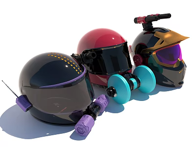 Three Stylish Different Colored Hats with Purple Accents and Blue Dumbbells 3d model