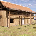 Traditional Chinese Architecture With Red Tile Roof And Wooden Eaves In Grassland