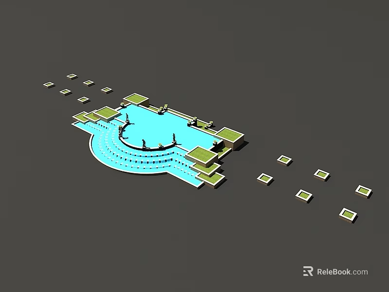 Miniature Garden Ornament With Blue Water Feature And Green Square Platforms 3d model 