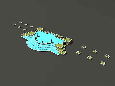 Miniature Garden Ornament With Blue Water Feature And Green Square Platforms 3d model
