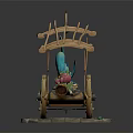 Decorative Wooden Cart Model With Green Plants Pink Flowers Small Lantern And Stone Base