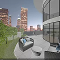 Garden Decor Elements For Modern Outdoor Terrace With Green Plants White Black Sofa And Sunset Sky