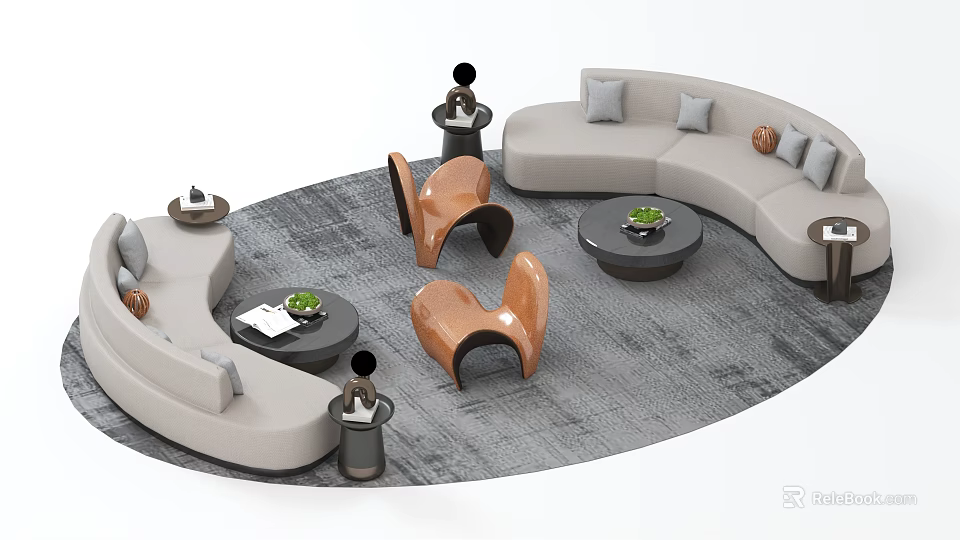 Stylish Curved Light Gray Sofa And Coffee Table With Brown Chairs Green Plants And Rug 3d model 