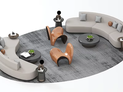 Stylish Curved Light Gray Sofa And Coffee Table With Brown Chairs Green Plants And Rug 3d model