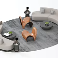 Stylish Curved Light Gray Sofa And Coffee Table With Brown Chairs Green Plants And Rug