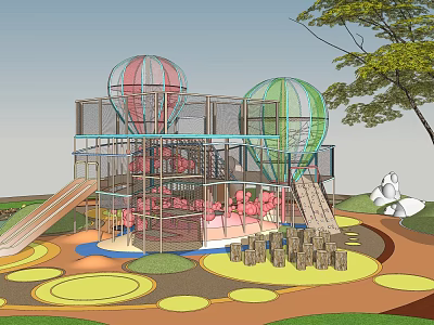 Playground Equipment Featuring Hot Air Balloon Shaped Climbing Frames Slides and Colorful Ground Near Trees 3d model