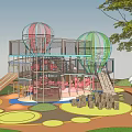 Playground Equipment Featuring Hot Air Balloon Shaped Climbing Frames Slides and Colorful Ground Near Trees