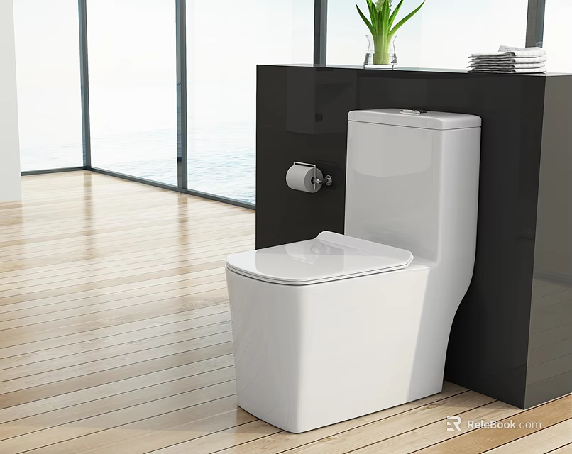 Bright Modern Bathroom With White Toilet Black Wall Wooden Floor Natural Light And Green Plant 3d model 