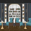 Elegant Wine Cellar Interior With Wine Bottles On Racks Blue Armchairs And Small Round Tables