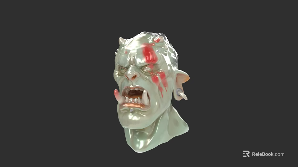 Game Movie Character Green Skin Demon Head With Horns Red Bloodstains Open Mouth Sharp Fangs 3d model 