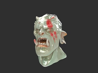 Game Movie Character Green Skin Demon Head With Horns Red Bloodstains Open Mouth Sharp Fangs 3d model