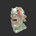 Game Movie Character Green Skin Demon Head With Horns Red Bloodstains Open Mouth Sharp Fangs