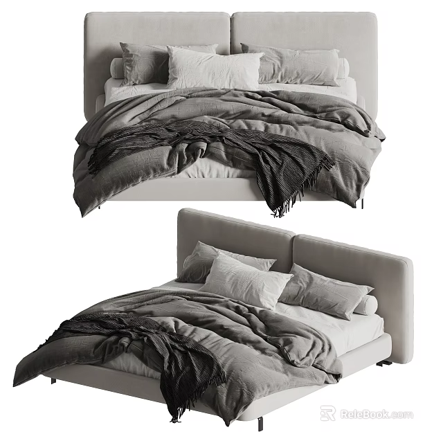 Modern Double Bed with Upholstered Headboard Plush Pillows and Soft Bedding 3d model 