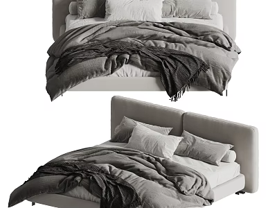 Modern Double Bed with Upholstered Headboard Plush Pillows and Soft Bedding 3d model
