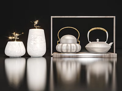 Elegant White Decorative Ornament Set With Vases Teapots And Display Stand 3d model