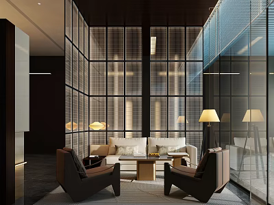 Modern Elegant Hotel Public Lounge Area With Glass Windows Grilles And Comfortable Seating 3d model