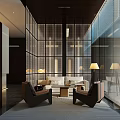 Modern Elegant Hotel Public Lounge Area With Glass Windows Grilles And Comfortable Seating