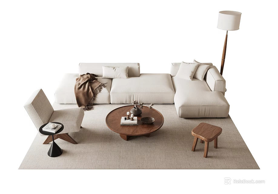 Modern Sofa and Coffee Table Set Featuring L-shaped White Sofa Throw Pillows and Wooden Accents 3d model 