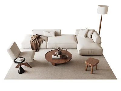 Modern Sofa and Coffee Table Set Featuring L-shaped White Sofa Throw Pillows and Wooden Accents 3d model