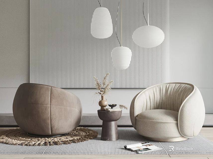 Casual Round Sofa Set With Brown Beige Upholstery Side Table Lantern Lights And Striped Wall 3d model 