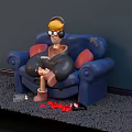 Character With Headphones Glasses Sitting On Blue Sofa Holding Book Red Cushions Red Petals