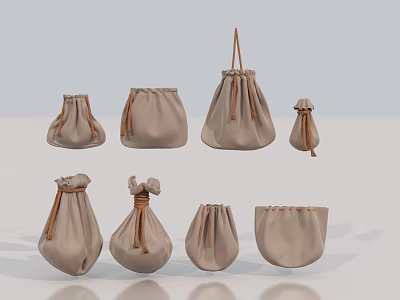 Beige Drawstring Bags Collection With Different Sizes And Leather Straps Design 3d model