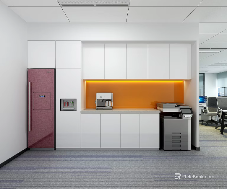 Modern Office Pantry With White Cabinets Orange Lighting Coffee Machine And Pink Refrigerator 3d model 