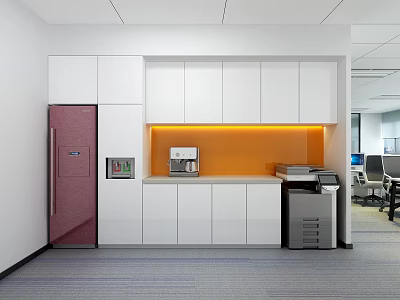 Modern Office Pantry With White Cabinets Orange Lighting Coffee Machine And Pink Refrigerator 3d model