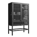Modern Black Sideboard With Rattan Doors Glass Shelves And Decorative Vases Plates