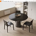 Modern Round Black Marble Dining Table Set With Three Black Leather Chairs And Hanging Lamp