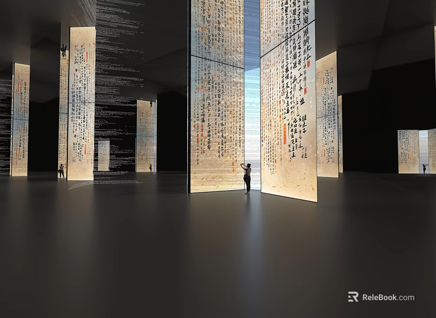 Art Installation With Tall Columns Featuring Calligraphy In Spacious Modern Interior With Standing Person 3d model 