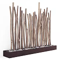 Natural Wooden Room Divider Featuring Vertical Sticks Dark Base And Pebbles