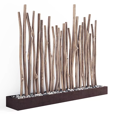 Natural Wooden Room Divider Featuring Vertical Sticks Dark Base And Pebbles 3d model
