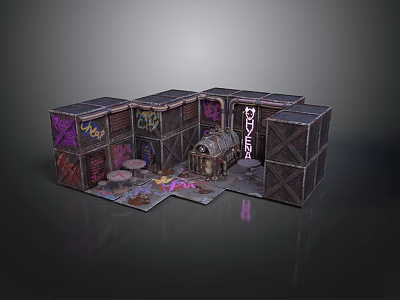 Abandoned Street Style Scenery With Graffiti Covered Cubes Wooden Crate And Scattered Items Tables Chairs 3d model