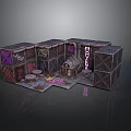 Abandoned Street Style Scenery With Graffiti Covered Cubes Wooden Crate And Scattered Items Tables Chairs