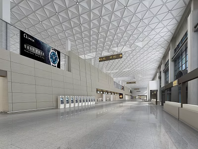 Spacious Airport Hall With Geometric Ceiling Billboard Self Service Kiosks And Sleek Floor 3d model