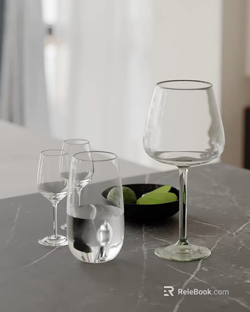 Elegant Modern Decorative Ornament Set With Glassware Black Bowl Green Fruits On Gray Countertop 3d model 