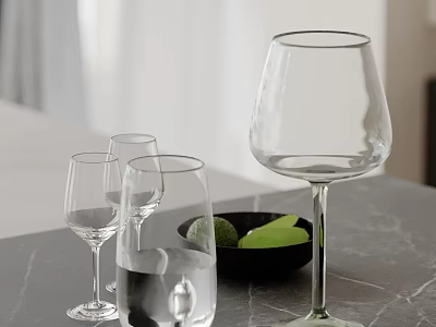 Elegant Modern Decorative Ornament Set With Glassware Black Bowl Green Fruits On Gray Countertop 3d model