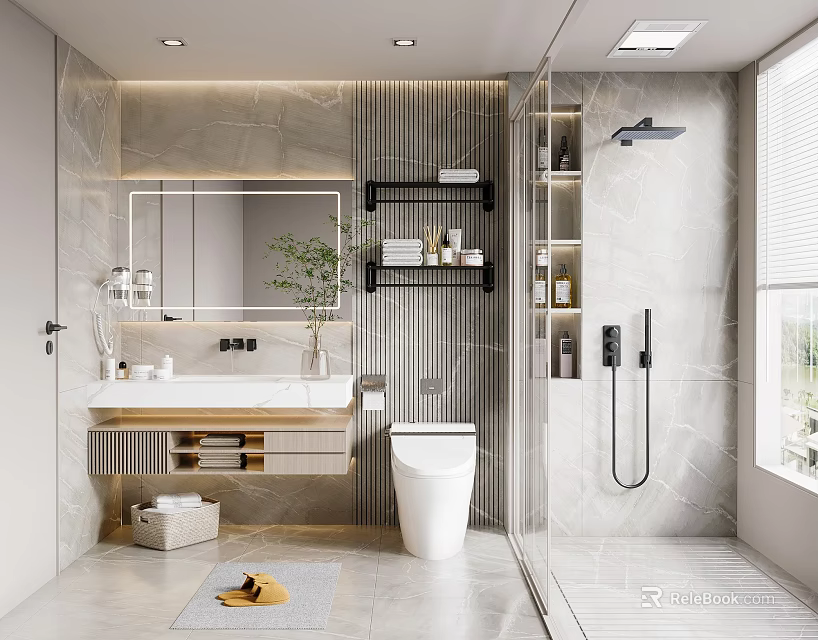 Modern Bathroom Interior Design With Marble Walls Large Mirror And Shower Area 3d model 