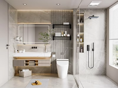 Modern Bathroom Interior Design With Marble Walls Large Mirror And Shower Area 3d model