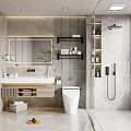 Modern Bathroom Interior Design With Marble Walls Large Mirror And Shower Area