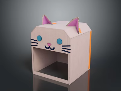 Cute Cat Face Shaped Wooden Storage Box With Pink Ears And Blue Eyes 3d model