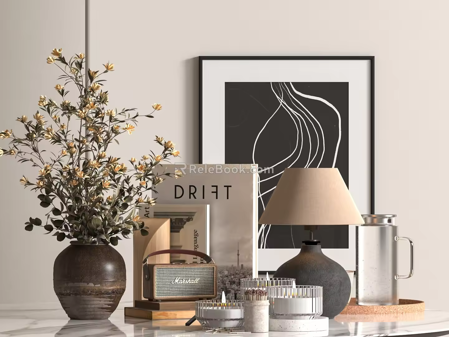 Modern Ornaments Combination Tableware Decorative Painting Fruit Vase Books 3d model