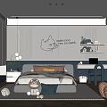 Cozy Modern Kids Room With Bed Pillows Stuffed Toys Desk Bookshelf And Decorative Wall Art